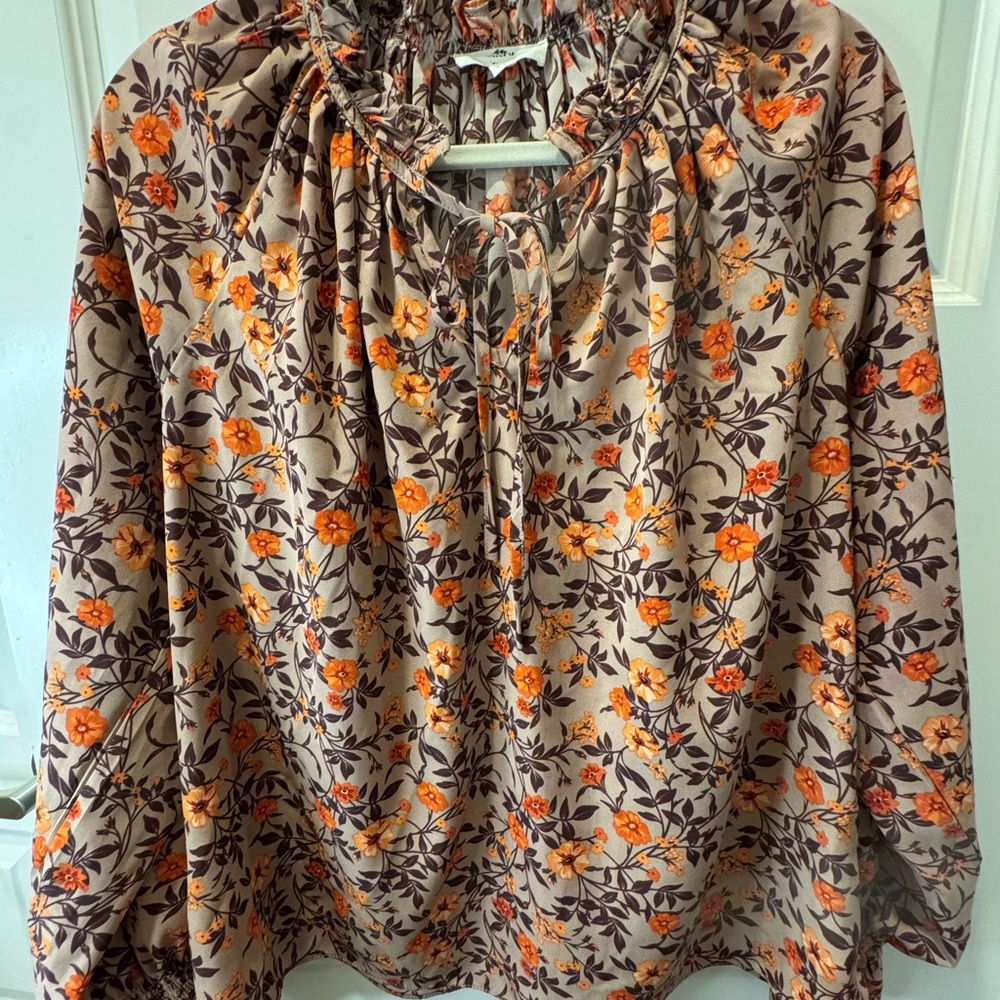 Entro Relaxed Tie Front Orange and Brown and Ruffled sleeves